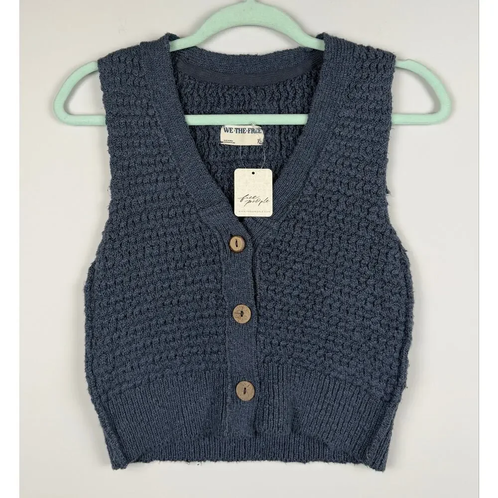 Free People Ava Knit Vest Blue XS Button-Up Sleeveless Shirt Vest Boho Chic
